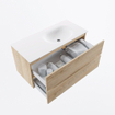 MONDIAZ VICA 100cm meuble de salle de bains sous-vasque Washed Oak 2 tiroirs. Lavabo MOON à droite sans trou de robinetterie, couleur Talc. SW1381852
