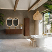 MONDIAZ KURVE-DLUX meuble de salle de bains 145cm arrondi Droit couleur Walnut avec 1 tiroir et 1 porte. Lavabo BIG LARGE Gauche 2 trous de robinet Arena. SW1431255