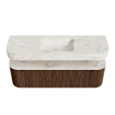 MONDIAZ THOR-DLUX 150cm badmeubel ronding links + rechts kleur Walnut met 1 lade en 2 deuren. Vrijhangende wastafel CLOUD Midden zonder kraangat kleur Ostra. SW1464666