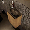 Mondiaz Fowy meuble de toilette - 40x50x23cm - chêne blanchi mat - 1 trou de robinet - lavabo à droite - 1 porte - solid surface - plan Mélamine - lavabo : noir SW761435