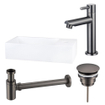 Fortifura Fuente Pack Lave-mains - 36x18.5x9cm - 1 trou de robinet - solid surface - robinet gunmetal - Blanc mat SW1111574