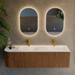 MONDIAZ KURVE-DLUX 155cm Meuble salle de bain avec module 25 G - couleur Walnut - 2 tiroirs - 1 porte - vasque LEAF double / droite - 2 trous de robinet - couleur Ostra SW1137860