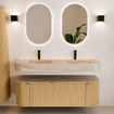 MONDIAZ THOR-DLUX 140cm meuble de salle de bains arrondi gauche + droite couleur Oak avec 1 tiroir et 2 portes. Vasque suspendue CLOUD Double 2 trous de robinet couleur Saba. SW1464305