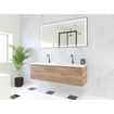 HR Matrix ensemble meuble de salle de bain 3d 140cm 2 tiroirs sans poignée avec bandeau couleur chêne français avec vasque fine 2 trous de robinetterie blanc mat SW857140