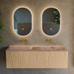 MONDIAZ KURVE-DLUX Meuble de salle de bains 140 cm couleur Oak avec 2 tiroirs et 0 porte. Lavabo STOR SMALL Double sans trou de robinet Arena. SW1431166
