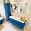 Mondiaz VICA ensemble de meuble de salle de bain - 130cm - meuble sous-vasque jeans - 2 tiroirs - lavabo cloud milieu - 1 trou de robinet - couleur talc - miroir LED - version XL 60cm haut SW1095558