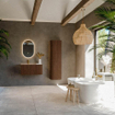 MONDIAZ KURVE-DLUX meuble de salle de bains 85cm arrondi droite couleur noyer avec 1 tiroir et 1 porte. Lavabo CLOUD gauche 1 trou de robinet Saba. SW1433140