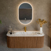 MONDIAZ KURVE-DLUX 120cm Meuble salle de bain avec module 25 G et D - couleur Walnut - 1 tiroir - 2 portes - vasque BIG SMALL centre - 1 trou de robinet - couleur Glace SW1138048