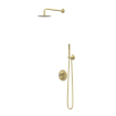 IVY Pact Ensemble de douche pluie - encastré - inverseur d'arrêt 2 voies - bras mural 40 cm - douche de tête slim ronde 20 cm - support avec sortie - flexible de douche 150 cm - douchette barreau - Or brossé mat PVD SW1035292