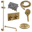 BRAUER Gold Carving Douche de pluie thermostatique encastrée - boutons-poussoirs - SET 69 - pomme de douche 20cm - bras mural courbé - douchette 3 jets - flexible de douche - barre de douche intégrée - or brossé PVD SW925640