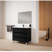 Adema Chaci PLUS Ensemble de meuble - 99.5x86x45.9cm - 1 vasque ovales en céramique Blanc - 1 trou de robinet - 3 tiroirs - miroir rectangulaire - Noir mat SW926299