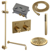 Brauer Gold Carving douche thermostatique à effet pluie avec bouton-poussoir 63 20cm pommeau de douche douche murale courbée barre de douche à main flexible coulissant intégré pvd brossé or SW925635