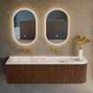 MONDIAZ KURVE-DLUX 155cm Meuble salle de bain avec module 25 D - couleur Walnut - 2 tiroirs - 1 porte - vasque LEAF double / gauche - sans trou de robinet - couleur Glace SW1138097