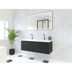 HR Matrix ensemble meuble de salle de bain 3d 120cm 2 tiroirs sans poignée avec bandeau couleur noir mat avec vasque djazz double 2 trous de robinetterie blanc SW857084