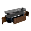 MONDIAZ THOR-DLUX 150cm badmeubel ronding links + rechts kleur Walnut met 1 lade en 2 deuren. Vrijhangende wastafel CLOUD Rechts zonder kraangat kleur Lava. SW1464652