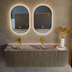 MONDIAZ KURVE-DLUX meuble de salle de bains 145cm arrondi Droit couleur Shadow avec 1 tiroir et 1 porte. Lavabo BIG LARGE Gauche 2 trous de robinet Sombra. SW1433786