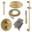 BRAUER Gold Carving douche de pluie encastrée thermostatique - 3 voies - rond - set 90 - pomme de douche 30cm - bras de plafond - douchette barre - flexible de douche - barre de douche intégrée - or brossé PVD SW1159063