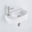 QeramiQ Fuente Ensemble de lave-mains - 40x21.5x12cm - gauche - lisse - demi-rond - 1 trou de robinet - céramique - robinet de lavabo eau froide inox brossé - bouchon de vidage - siphon abaissé - blanc mat SW1232810