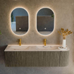 MONDIAZ KURVE-DLUX meuble de salle de bains 155cm arrondi droit couleur Shadow avec 2 tiroirs et 1 porte. Lavabo LEAF double / gauche 2 trous de robinet Nata. SW1432331