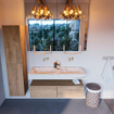 Mondiaz ALAN-DLUX Ensemble de meuble - 120cm - meuble Washed Oak mat - 2 tiroirs - Lavabo Cloud Frappe suspendu - vasque Gauche et droite - 0 trous de robinet SW809276