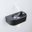 QeramiQ Fuente Ensemble de Lavabo - 40x21.5x12cm - strié - demi-rond - céramique - ensemble de robinet blanc mat - bouchon de vidange - siphon abaissé - noir mat SW1233096