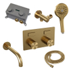 BRAUER Gold Carving thermostatische inbouw badkraan - drukknoppen SET 04 - uitloop - 3 standen handdouche - doucheslang - wandaansluitbocht - goud geborsteld PVD SW925620