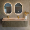 MONDIAZ KURVE-DLUX 155cm meuble de salle de bains arrondi Droite couleur Shadow avec 2 tiroirs et 1 porte. Lavabo LEAF Double / Gauche 2 trous de robinet Saba. SW1433286
