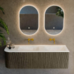 Mondiaz KURVE-DLUX Ensemble meuble de salle de bains - 145x46x40cm - 1 tiroir - 1 porte - lavabo solid surface - double / droite - sans trou de robinet - Shadow SW1414074