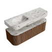 MONDIAZ THOR-DLUX 140cm badmeubel ronding links + rechts kleur Walnut met 1 lade en 2 deuren. Vrijhangende wastafel CLOUD Links 1 kraangat kleur Glace. SW1463968
