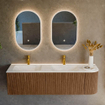 MONDIAZ KURVE-DLUX 155cm Meuble salle de bain avec module 25 D - couleur Walnut - 2 tiroirs - 1 porte - vasque LEAF double / gauche - 2 trous de robinet - couleur Opalo SW1137698