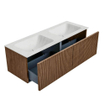 MONDIAZ KURVE-DLUX 130cm Meuble salle de bain - couleur Walnut - 2 tiroirs - vasque LEAF double - sans trou de robinet - couleur Opalo SW1137723