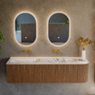 MONDIAZ KURVE-DLUX 165cm Meuble salle de bain avec module 25 D - couleur Walnut - 2 tiroirs - 1 porte - vasque STOR SMALL double / gauche - sans trou de robinet - couleur Glace SW1138099