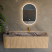MONDIAZ KURVE-DLUX Meuble de salle de bains 145cm arrondi à gauche couleur Chêne avec 1 tiroir et 1 porte. Lavabo BIG LARGE à droite 1 trou de robinet Sombra. SW1433570