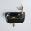 QeramiQ Fuente Ensemble lave-mains - 40x21.5x12cm - droite - lisse - semi-circulaire - 1 trou de robinet - céramique - robinet de lave-mains laiton brossé - bouchon de vidage - siphon abaissé - noir mat SW1232822