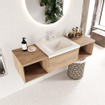 Mondiaz bukla ensemble de meubles de bain 140x45x34cm 1 trou pour robinetterie lavabo milieu surface solide talc sans poignée 2 tiroirs avec softclose mélamine chêne lavé SW704993