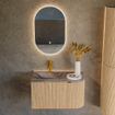 MONDIAZ KURVE-DLUX 75cm meuble de salle de bains arrondi droit couleur chêne avec 1 tiroir et 1 porte. Lavabo GRUNNE gauche 1 trou de robinet Sombra. SW1433529