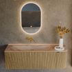 MONDIAZ KURVE-DLUX 135cm meuble de salle de bains arrondi droit couleur Dusk avec 1 tiroir et 1 porte. Vasque BIG MEDIUM gauche sans trou de robinet Arena. SW1431405