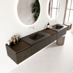 Mondiaz bukla ensemble de meubles de bain 240x45x34cm 0 robinetterie 2 lavabos surface solide urbaine sans poignée 4 tiroirs avec softclose mélamine marron foncé SW704948