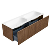 MONDIAZ KURVE 140cm Meuble salle de bain - couleur Walnut - 2 tiroirs - vasque BIG SMALL double - sans trous de robinet - Talc SW1138315