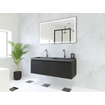 HR Matrix ensemble meuble de salle de bain 3d 120cm 2 tiroirs sans poignée avec bandeau couleur noir mat avec vasque djazz double 2 trous de robinetterie noir mat SW857085