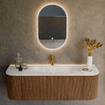 MONDIAZ KURVE-DLUX 140cm Meuble salle de bain avec module 25 G et D - couleur Walnut - 1 tiroir - 2 portes - vasque BIG SMALL centre - 1 trou de robinet - couleur Opalo SW1137637