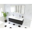 HR Matrix ensemble meuble de salle de bain 3d 140cm 2 tiroirs sans poignée avec bandeau couleur noir mat avec vasque kube 2 trous de robinetterie blanc SW857133