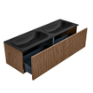 MONDIAZ KURVE 140cm Meuble salle de bain - couleur Walnut - 2 tiroirs - vasque BIG SMALL double - 2 trous de robinet - Urban SW1138512