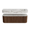 MONDIAZ THOR-DLUX 140cm badmeubel ronding links + rechts kleur Walnut met 1 lade en 2 deuren. Vrijhangende wastafel CLOUD Rechts 1 kraangat kleur Glace. SW1463942