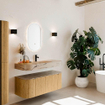 MONDIAZ THOR-DLUX Meuble de salle de bains 120cm arrondi gauche + droite couleur Oak avec 1 tiroir et 2 portes. Vasque suspendue CLOUD Milieu 1 trou de robinet couleur Arena. SW1463390