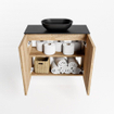Mondiaz Fowy Meuble de toilette - 60x50x23cm - chêne blanchi mat - 0 trous de robinet - lavabo centré - 2 portes - solid surface - plan Mélamine - lavabo : noir SW761445