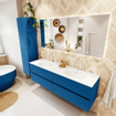 Mondiaz Vica ensemble de meuble de salle de bain - 160cm - meuble sous-vasque jeans - 4 tiroirs - lavabo moon double - 2 trous de robinet - couleur talc - miroir LED - version XL 60cm de haut SW1092177