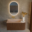 MONDIAZ KURVE-DLUX meuble de salle de bains 95cm arrondi Droit couleur Noyer avec 1 tiroir et 1 porte. Lavabo BIG SMALL Gauche sans trou de robinet Saba. SW1433165