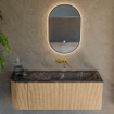 MONDIAZ KURVE-DLUX meuble de salle de bains 125cm avec module 25 L couleur chêne avec 1 tiroir et 1 porte. Lavabo BIG MEDIUM à droite sans trou de robinet couleur lave. SW1138116