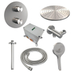 BRAUER Brushed Edition douche de pluie encastrée thermostatique - 3 voies - ronde - set 84 - pomme de douche 30cm - bras de plafond - douchette 3 jets - flexible de douche - coude de raccordement mural - inox brossé PVD SW1159148